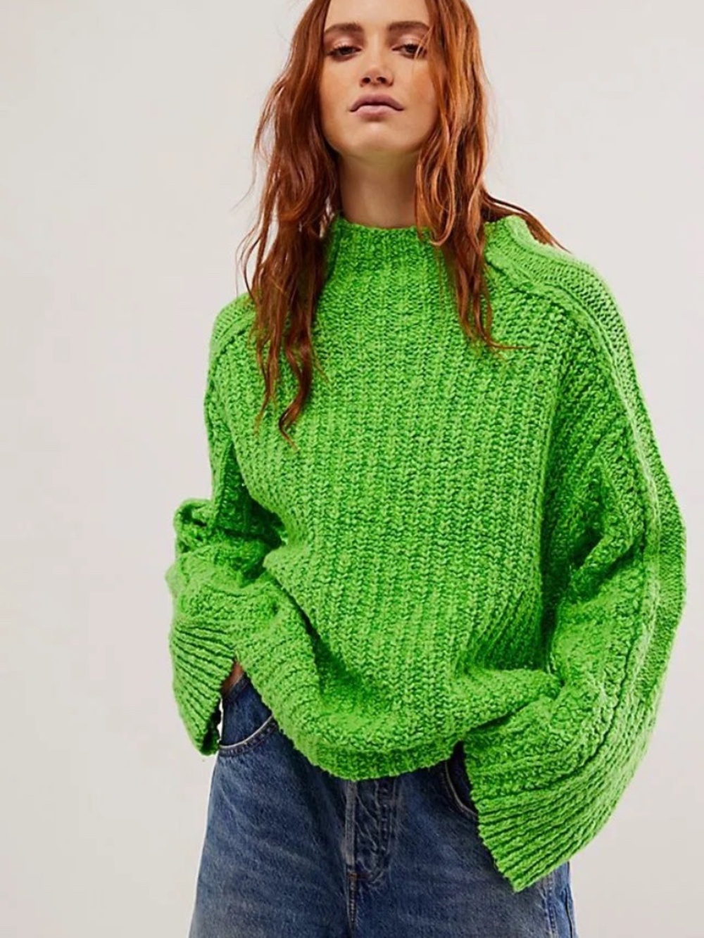 NWOT - Free People Bright Green Chunky Knit Oversized Sweater
